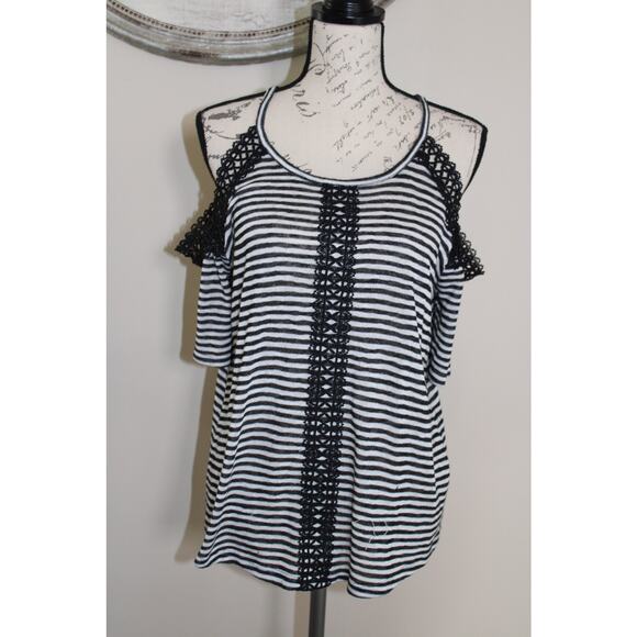 EST.1946 Black White Striped Cold Shoulder Top Lace Trim Women’s Size S - Picture 1 of 5